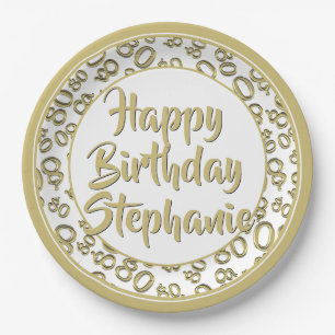 80th Party Random Number Pattern Gold/White Paper Plate