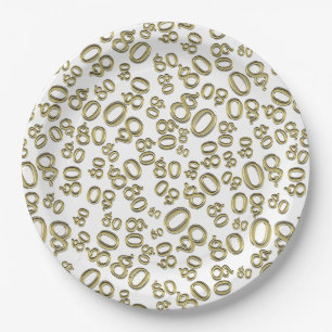 80th Party Random Number Pattern Gold/White Paper Plate