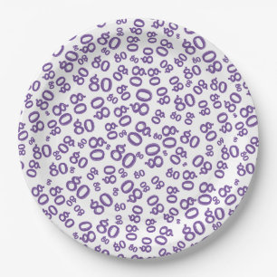 80th Party Random Number Pattern Purple/White Paper Plate