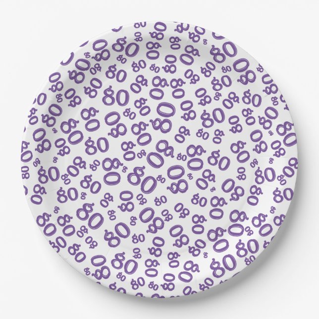 80th Party Random Number Pattern Purple/White Paper Plate (Front)