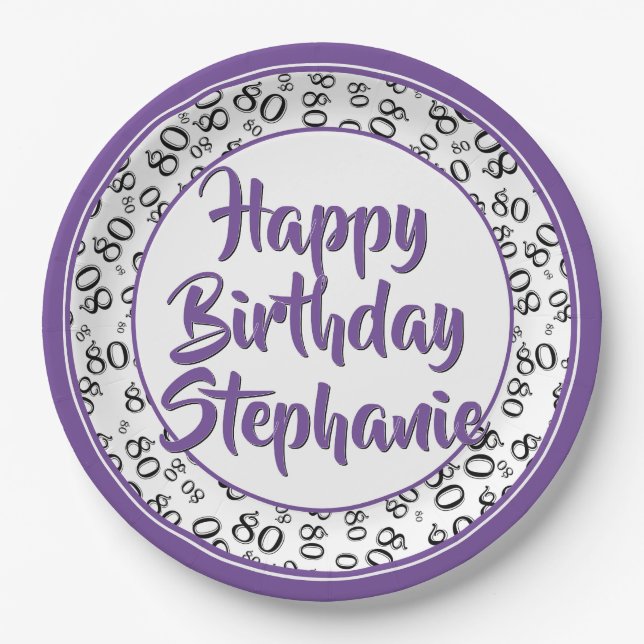 80th Party Random Number Pattern Purple/White Paper Plate (Front)