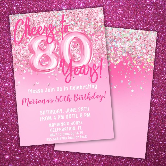 80th Pink Glitter Birthday Party Invitation (Creator Uploaded)