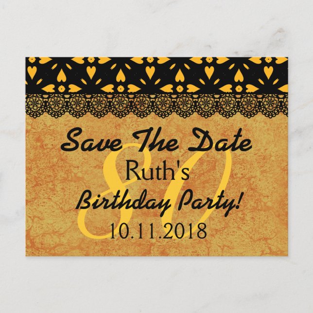 80th Save the Date Birthday Gold Black Lace V7 Announcement Postcard (Front)