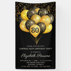 80th Surprise Birthday Black Gold Glitter Banner
