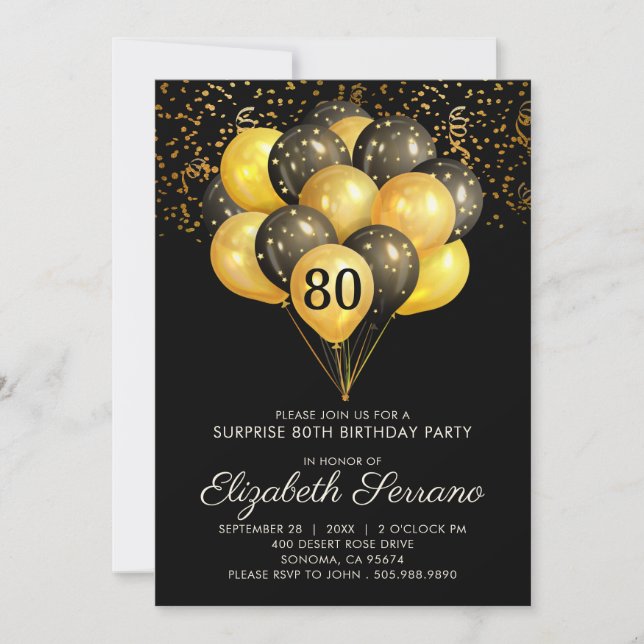 80th Surprise Birthday Black Gold Glitter  Invitation (Front)