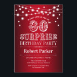 80th Surprise Birthday - Black Red White Invitation<br><div class="desc">Surprise 80th Birthday Party Invitation.
Black red white design with fairy string lights. Elegant design perfect for classy surprise bday celebration.</div>