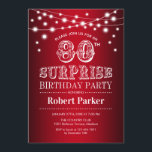 80th Surprise Birthday - Black Red White Invitation<br><div class="desc">Surprise 80th Birthday Party Invitation.
Black red white design with fairy string lights. Elegant design perfect for classy surprise bday celebration.</div>