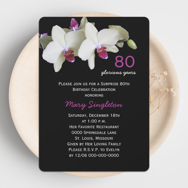 80th Surprise Birthday Party Orchids on Black Invitation (Creator Uploaded)