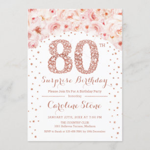 80th Surprise Birthday Party - White Rose Gold Invitation