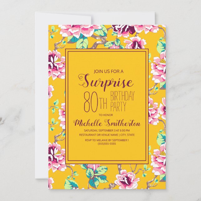 80th Surprise Birthday Party Yellow Pink Flowers (Front)