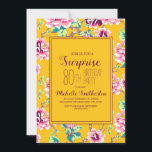 80th Surprise Birthday Party Yellow Pink Flowers<br><div class="desc">Surprise 80th birthday party invitation for women with bright pink flowers and green leaves on a yellow background.  Personalise with all your important party information.</div>