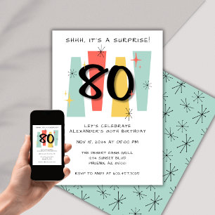 80th Surprise Birthday Retro Midcentury Modern Invitation
