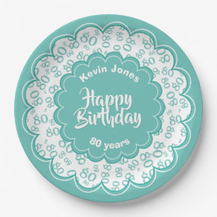 80th Teal/White Random Number Pattern Paper Plate