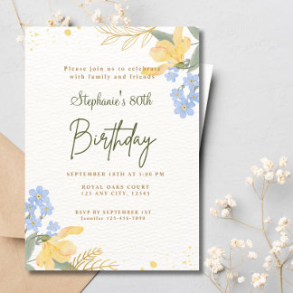 80th Yellow Blue Flowers Boho Watercolor Birthday Invitation