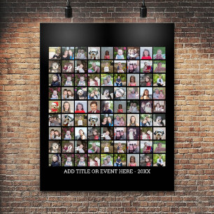 81 Square Photo Collage Grid - Custom Text - Black Poster