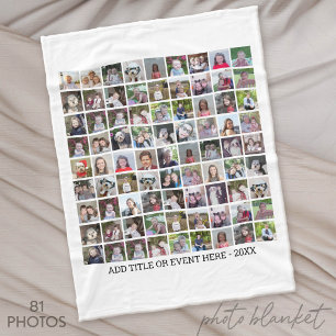 81 Square Photo Collage Grid - Custom Text - White Fleece Blanket