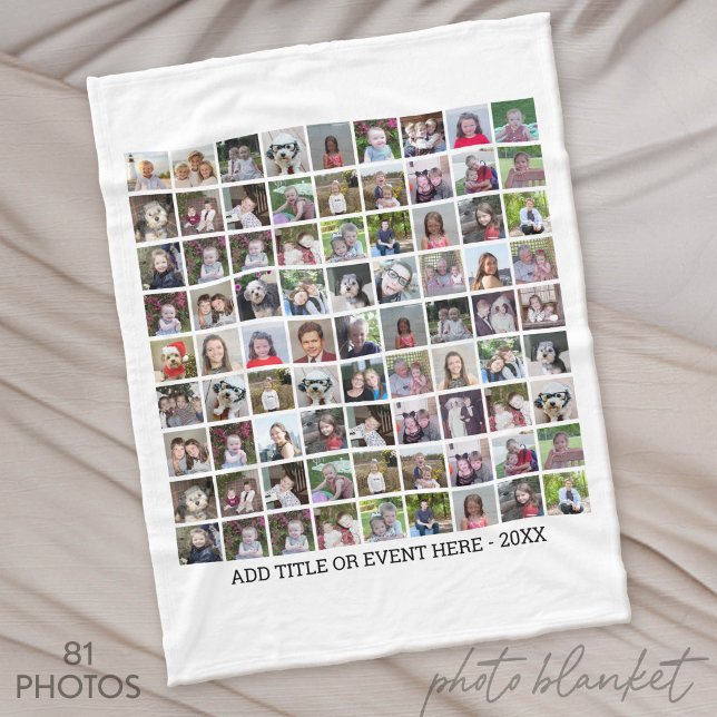 81 Square Photo Collage Grid - Custom Text - White Fleece Blanket (Custom Photo Blankets)