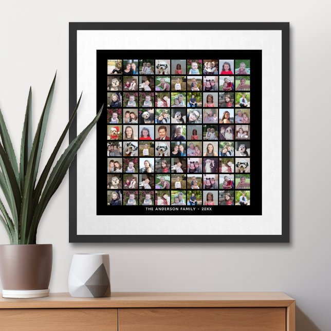 81 Square Photo Collage Grid with Text - black Poster