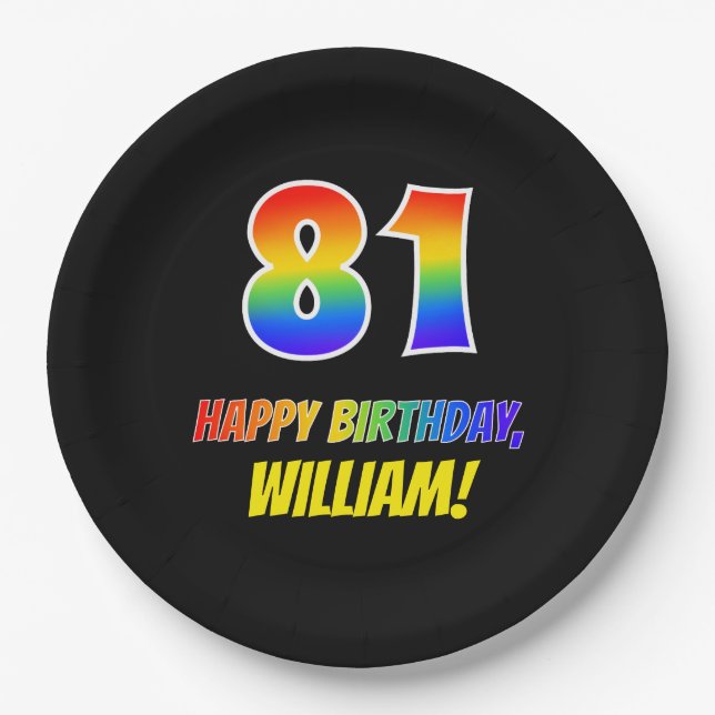 81st Birthday: Bold, Fun, Simple, Rainbow 81 Paper Plate (Front)