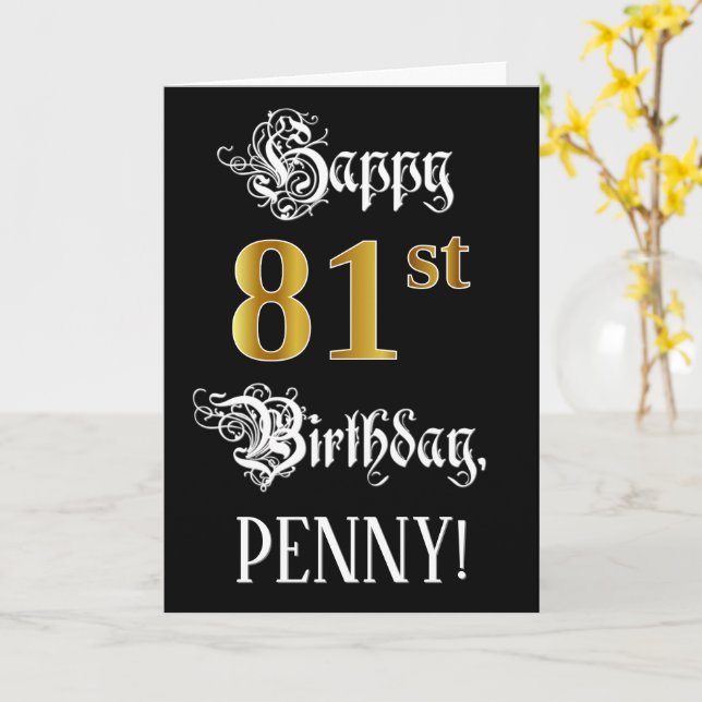 81st Birthday — Fancy Script; Faux Gold Look; Name Card (Yellow Flower)