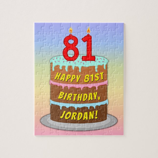 81st Birthday: Fun Cake and Candles + Custom Name Jigsaw Puzzle (Vertical)
