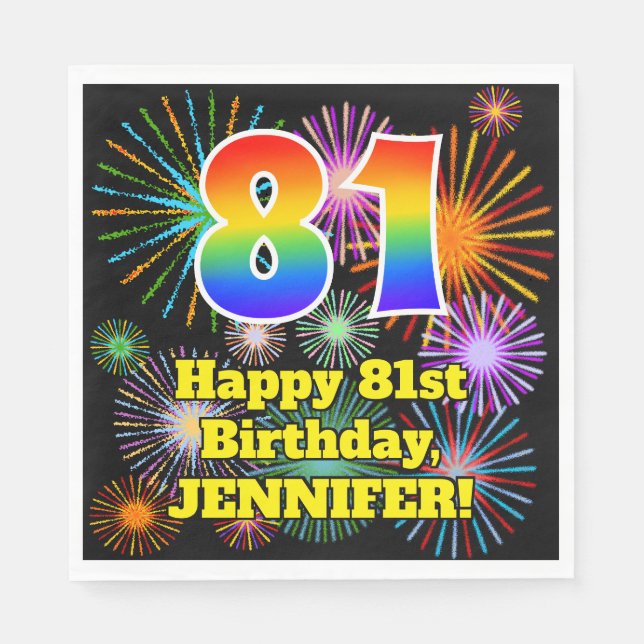 81st Birthday: Fun Fireworks Pattern + Rainbow 81 Napkin (Front)