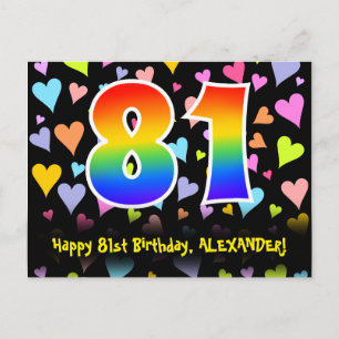 81st Birthday: Fun Hearts Pattern, Rainbow 81 Postcard