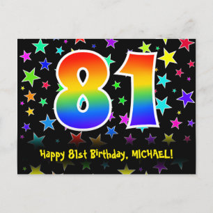 81st Birthday: Fun Stars Pattern, Rainbow 81, Name Postcard