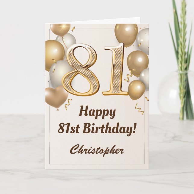 81st Birthday Gold Balloons and Confetti Birthday Card (Front)