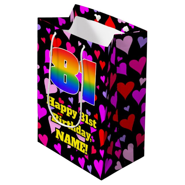 81st Birthday: Loving Hearts Pattern, Rainbow # 81 Medium Gift Bag (Front Angled)