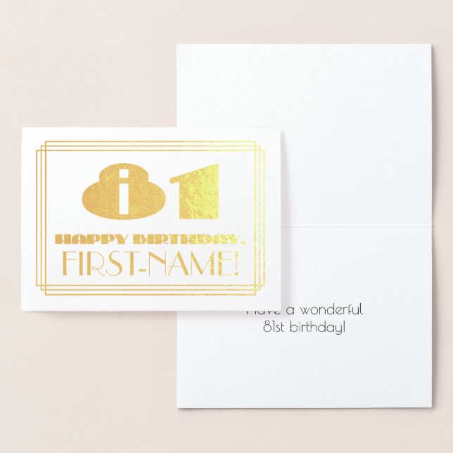 81st Birthday; Name + Art Deco Inspired Look "81" Foil Card (Display)