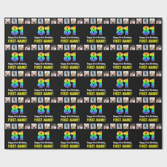 81st Birthday: Rainbow “81“; Custom Photos & Name Wrapping Paper (Flat)