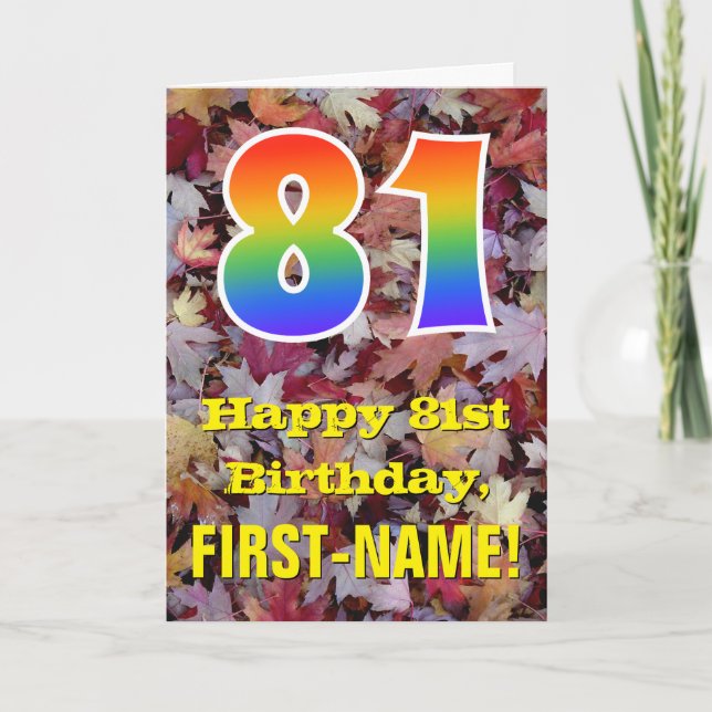 81st Birthday; Rustic Autumn Leaves; Rainbow "81" Card (Front)