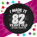 82 Year Old Sarcastic Meme Funny 82nd Birthday Paper Plate<br><div class="desc">This funny 82nd birthday design makes a great sarcastic humour joke or novelty gag gift for a 82 year old birthday theme or surprise 82nd birthday party! Features 'I Made it to 82 Years Old... Nothing Scares Me' funny 82nd birthday meme that will get lots of laughs from family, friends,...</div>