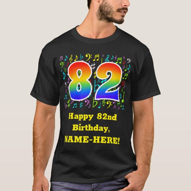 82nd Birthday: Colourful Music Symbols, Rainbow 82 T-Shirt (Front)