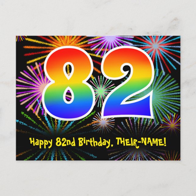 82nd Birthday – Fun Fireworks Pattern + Rainbow 82 Postcard (Front)
