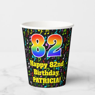 82nd Birthday: Fun Music Notes Pattern, Rainbow 82 Paper Cups