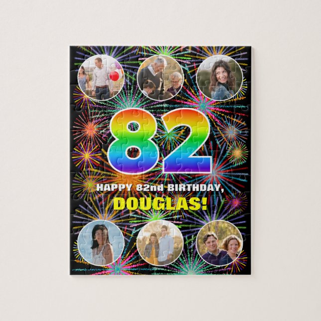 82nd Birthday: Fun Rainbow #, Custom Name + Photos Jigsaw Puzzle (Vertical)