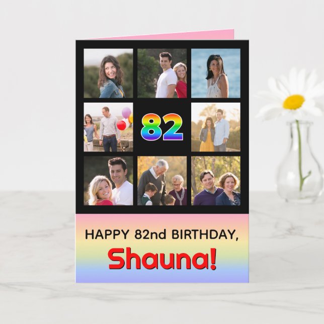 82nd Birthday: Fun Rainbow #, Custom Photos + Name Card (Small Plant)