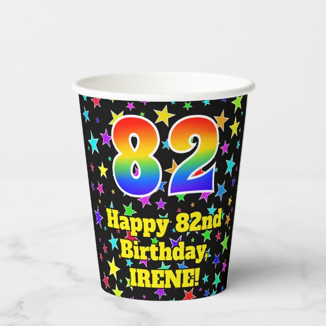 82nd Birthday: Fun Stars Pattern and Rainbow 82 Paper Cups (Back)