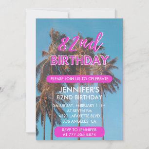 82nd birthday invitation Summer Pink Palm tree