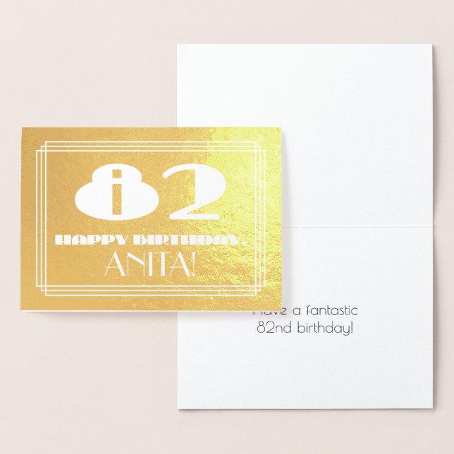82nd Birthday: Name + Art Deco Inspired Look "82" Foil Card (Display)