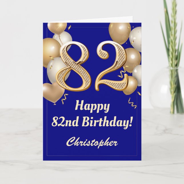 82nd Birthday Navy Blue and Gold Balloons Confetti Card (Front)