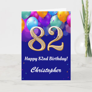 82nd Birthday Navy Blue and Gold Colourful Balloon Card
