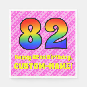 82nd Birthday: Pink Stripes & Hearts, Rainbow # 82 Napkin