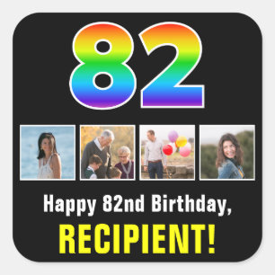 82nd Birthday: Rainbow “82”; Custom Photos & Name Square Sticker