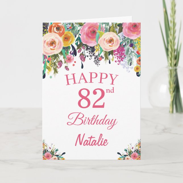 82nd Birthday Watercolor Floral Flowers Pink Card (Front)