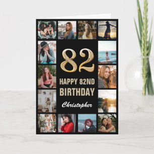 82nd Happy Birthday Black and Gold Photo Collage Card