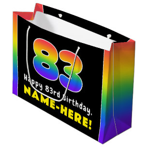 83rd Birthday: Colorful Rainbow # 83, Custom Name Large Gift Bag