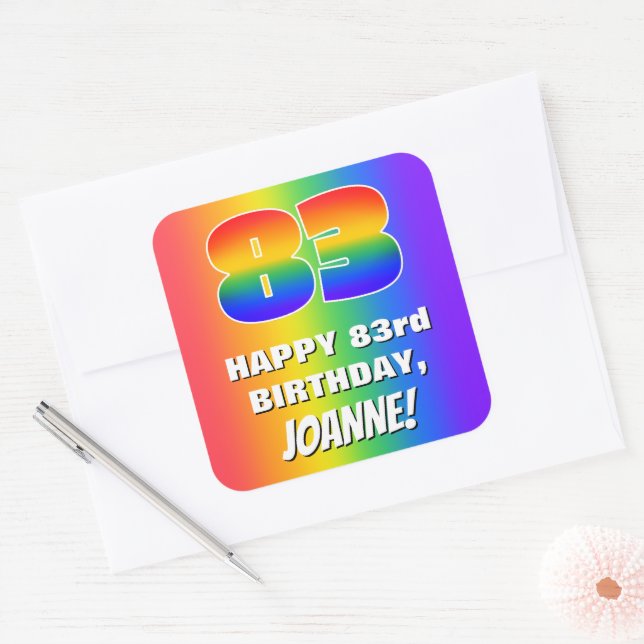 83rd Birthday: Colourful, Fun Rainbow Pattern # 83 Square Sticker (Envelope)
